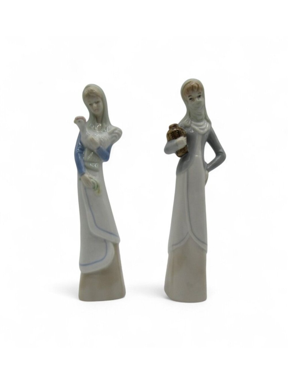 Vintage Lady Figurines Pair Bird Basket Mid Century Home Decor Gift 8.5"